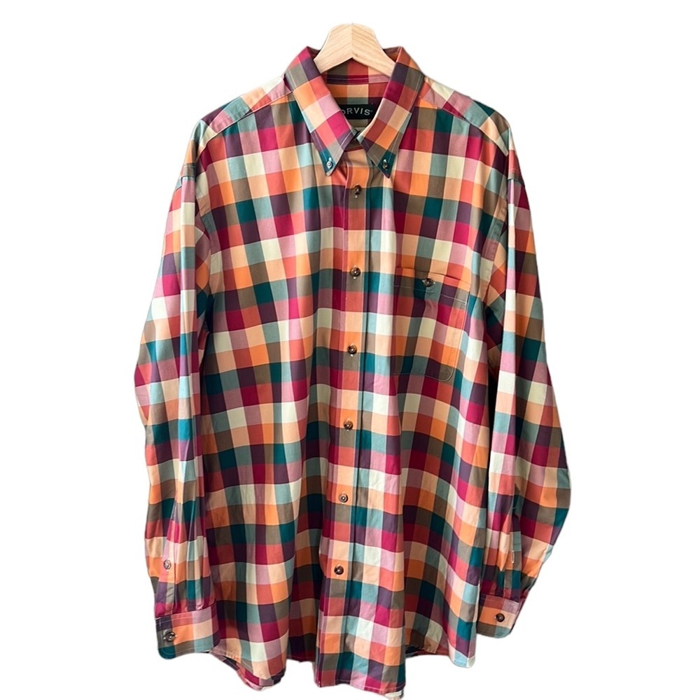 Orvis Men's XL Long Sleeve Plaid 100% Cotton Shirt Green Cream Orange